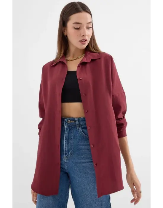 Oversize Mürdüm Uzun Basic Gömlek 3900