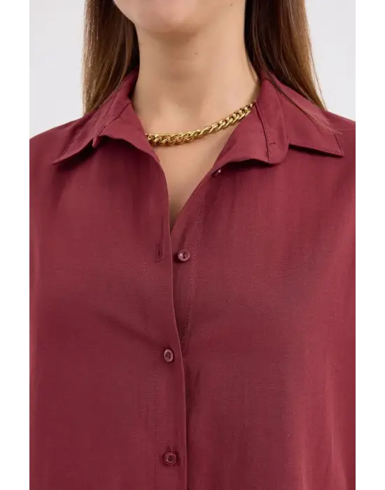 Oversize Mürdüm Uzun Basic Gömlek 3900