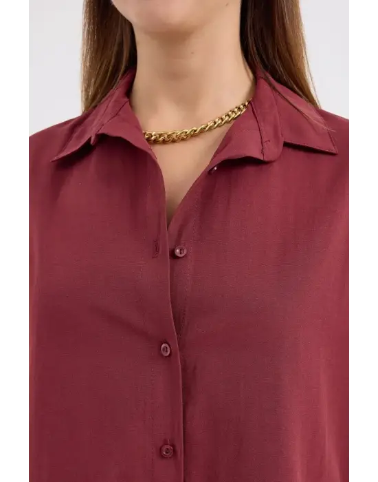 Oversize Mürdüm Uzun Basic Gömlek 3900