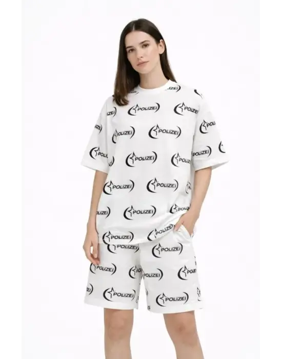 Oversize Ön Ve Arka Baskılı Tişört Şort Takım Rahat Kalıp Yazlık Günlük Kombin - Beyaz