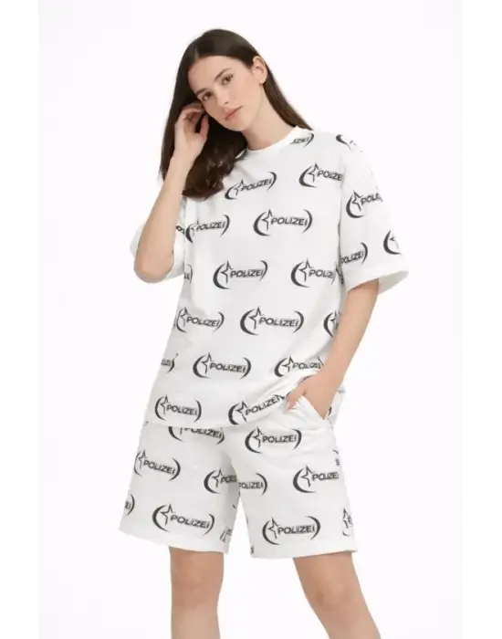 Oversize Ön Ve Arka Baskılı Tişört Şort Takım Rahat Kalıp Yazlık Günlük Kombin - Beyaz
