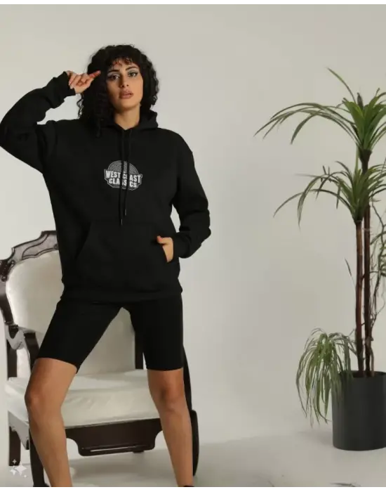 Omarı Oversize Siyah Kapüşonlu Baskılı Sweatshirt