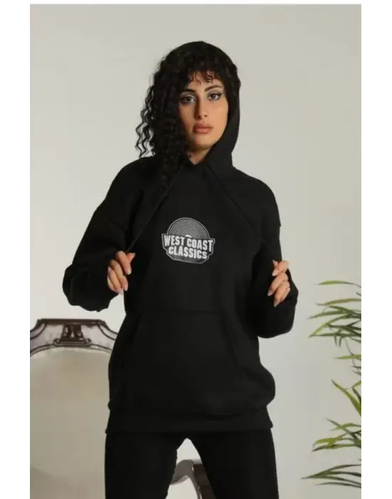 Omarı Oversize Siyah Kapüşonlu Baskılı Sweatshirt