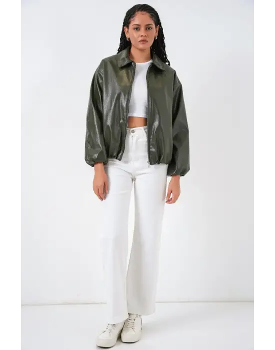 Oversize Suni Deri Ceket 1049 - Haki