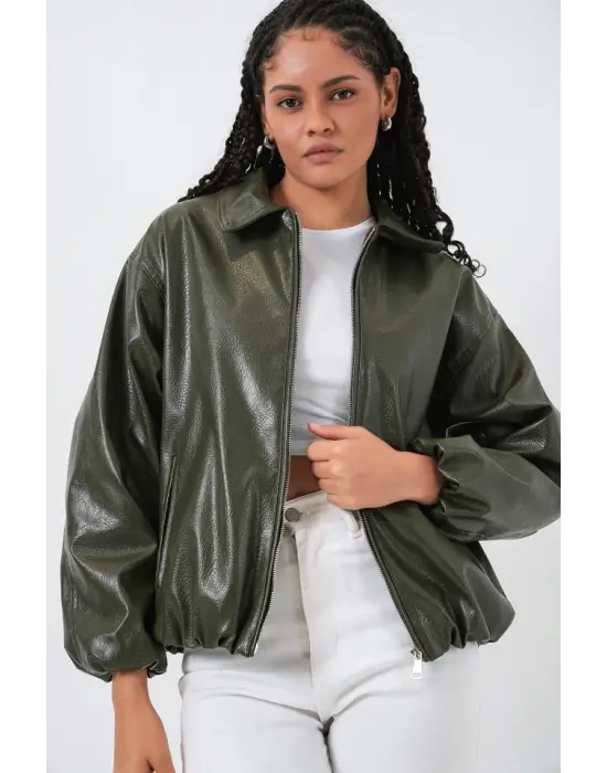 Oversize Suni Deri Ceket 1049 - Haki