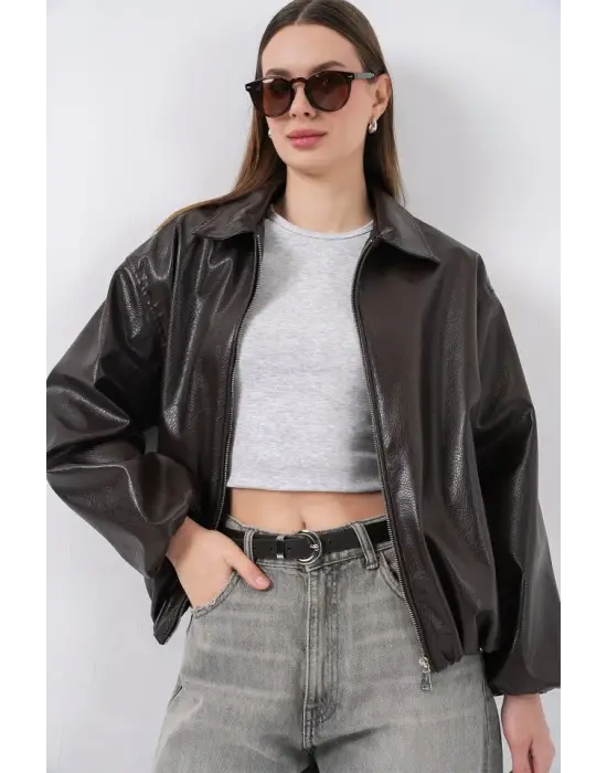 Oversize Suni Deri Ceket 1049 - Kahverengi
