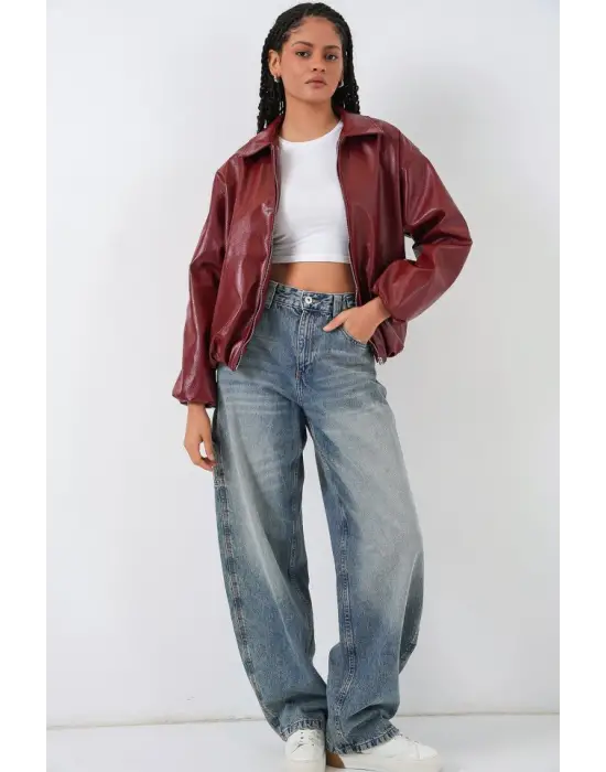 Oversize Suni Deri Ceket 1049 - Kiremit