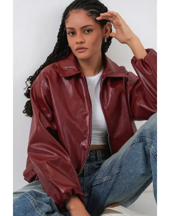 Oversize Suni Deri Ceket 1049 - Kiremit