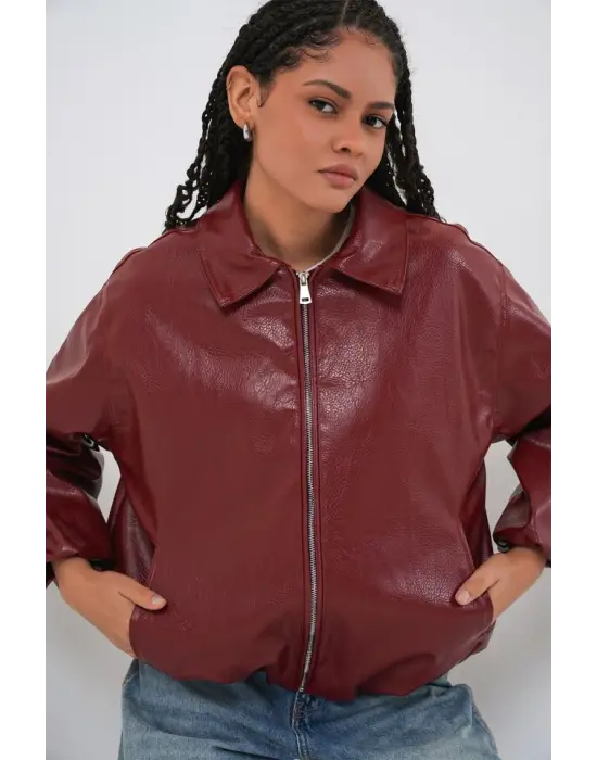 Oversize Suni Deri Ceket 1049 - Kiremit