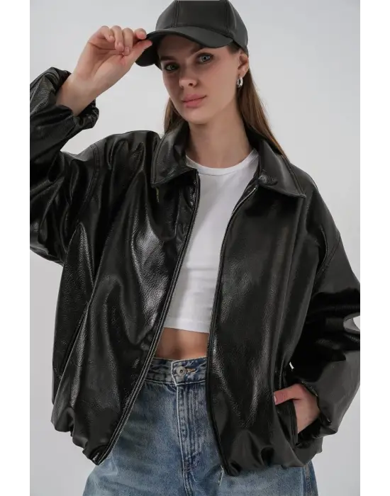 Oversize Suni Deri Ceket 1049 - Siyah