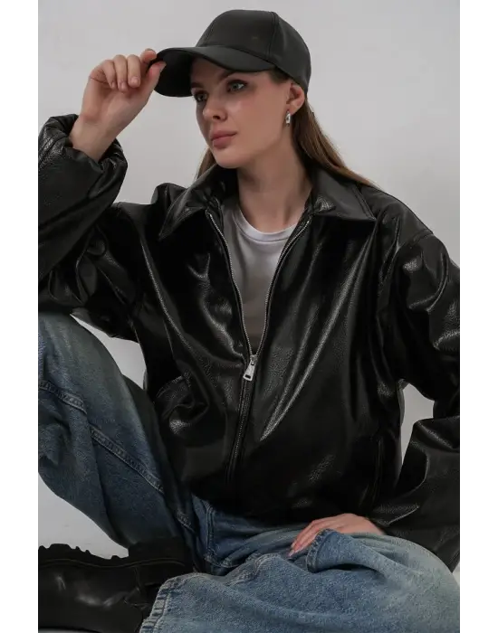 Oversize Suni Deri Ceket 1049 - Siyah