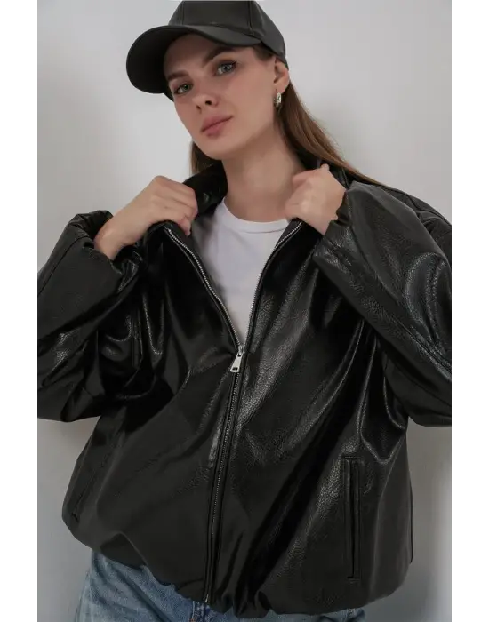 Oversize Suni Deri Ceket 1049 - Siyah