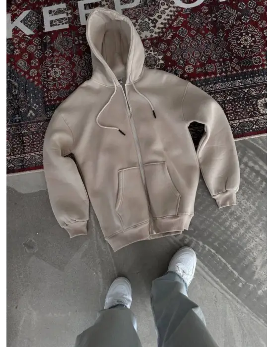 Oversize Tam Fermuarlı Uzun Kol Hırka - Bej