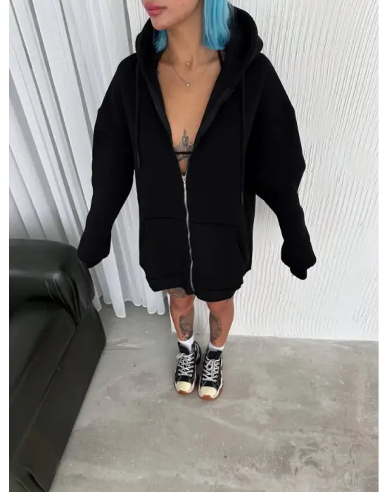 Oversize Tam Fermuarlı Uzun Kol Hırka - Siyah