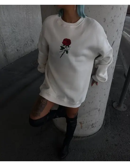 Oversize Üç İplik Bisiklet Yaka Baskılı SweatShirt - Beyaz