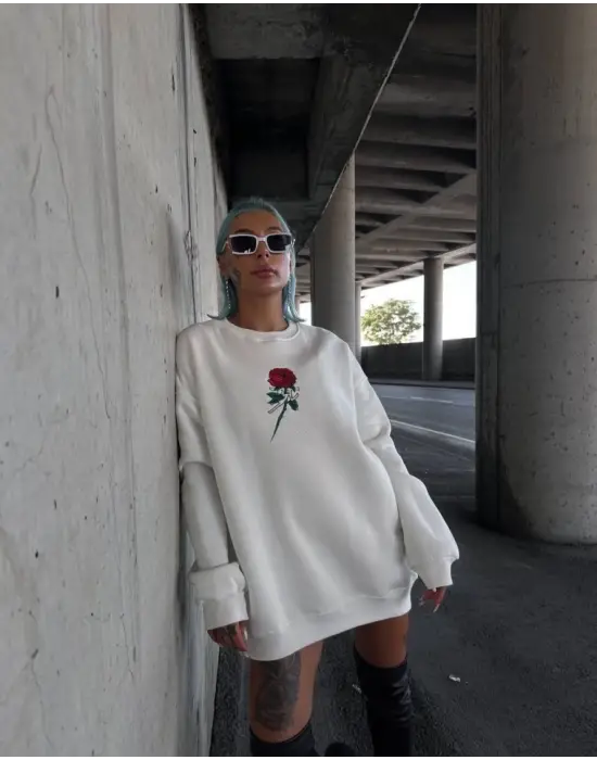 Bisiklet Yaka Kalın Sweatshirt - Beyaz