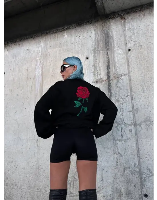 Oversize Üç İplik Bisiklet Yaka Baskılı SweatShirt - Siyah