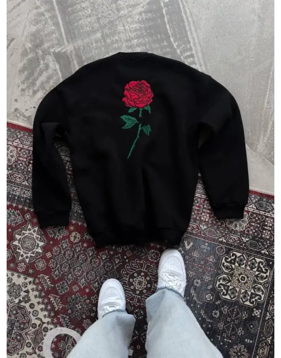 Omarı Oversize Bisiklet Yaka Baskılı Siyah SweatShirt
