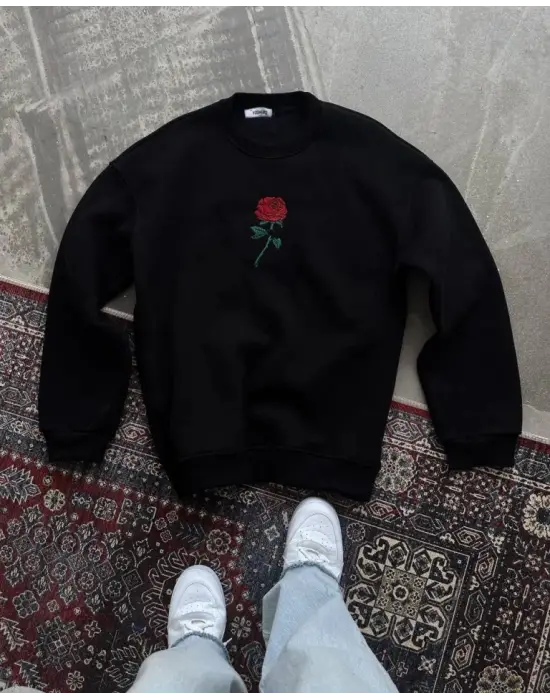 Oversize Üç İplik Bisiklet Yaka Baskılı SweatShirt - Siyah