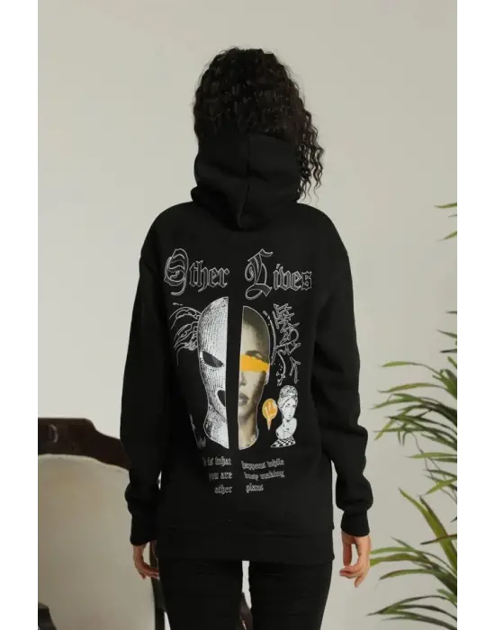 Oversize Üç İplik Kapüşonlu Sweatshirt – Siyah “Other Lives” Ön Ve Arka Baskılı, Şardonlu Kışlık, Rahat Günlük Model Siiyah