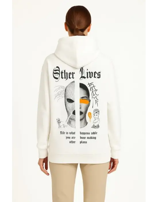 Oversize Üç İplik Şardonlu Kapüşonlu Sweatshirt – Beyaz “Other Lives” Ön Ve Arka Baskılı, Kanguru Cepli, Ribanalı Rahat Kışlık Model Beyaz