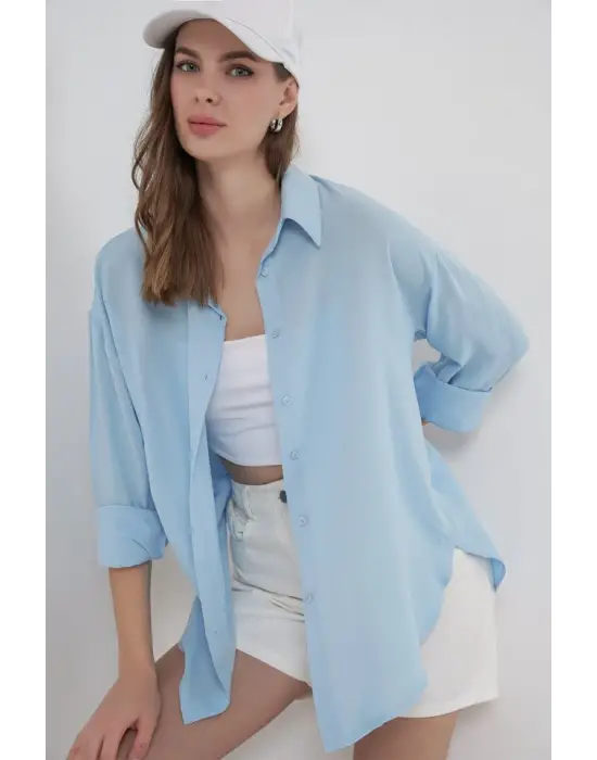 Oversize Viskon Gömlek 3785 - Açık Mavi