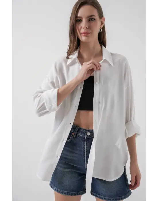 Oversize Viskon Gömlek 3785 - Beyaz