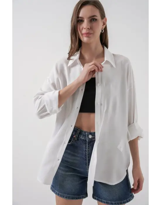 Oversize Viskon Gömlek 3785 - Beyaz