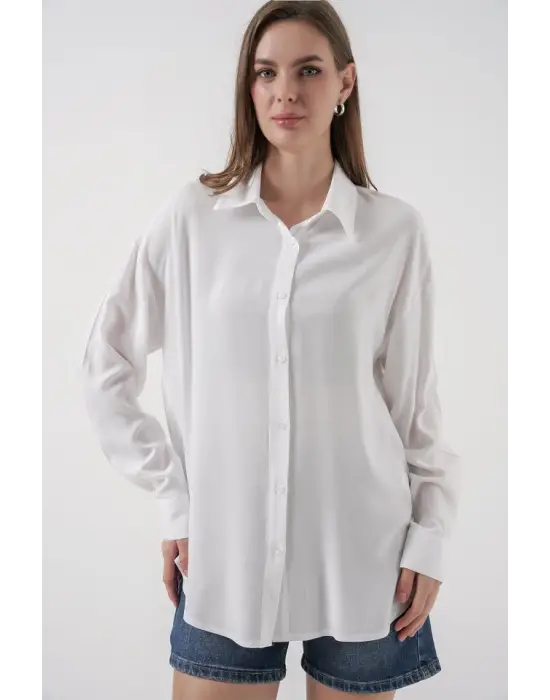 Oversize Viskon Gömlek 3785 - Beyaz