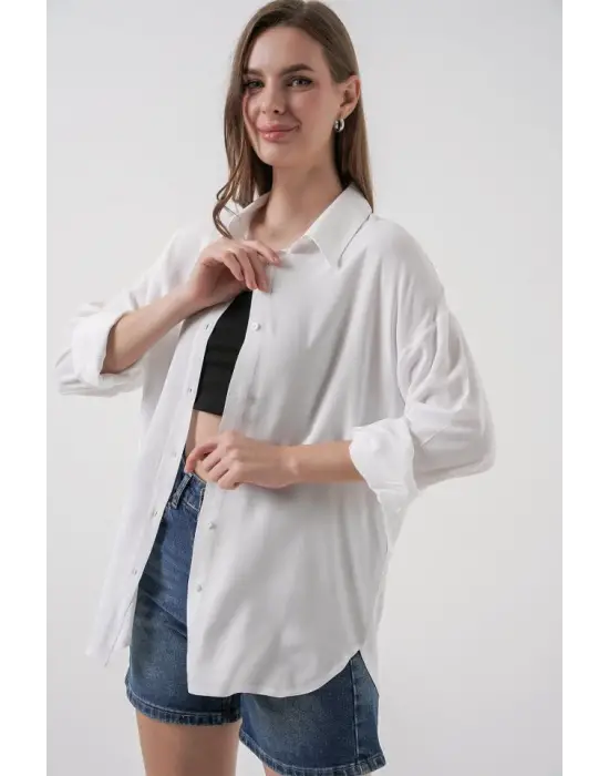 Oversize Viskon Gömlek 3785 - Beyaz