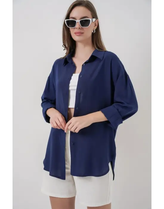 Oversize Viskon Gömlek 3785 - Lacivert