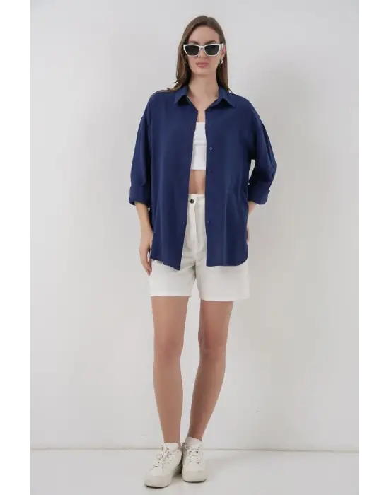 Oversize Viskon Gömlek 3785 - Lacivert