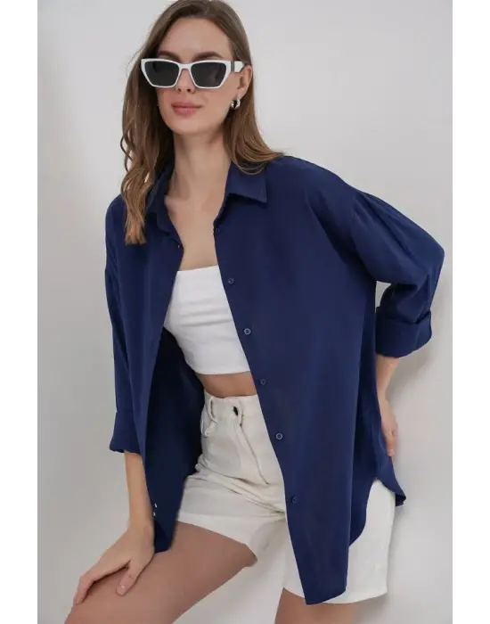Oversize Viskon Gömlek 3785 - Lacivert