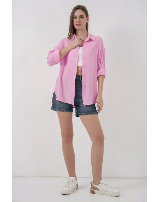 Oversize Viskon Gömlek 3785 - Pembe