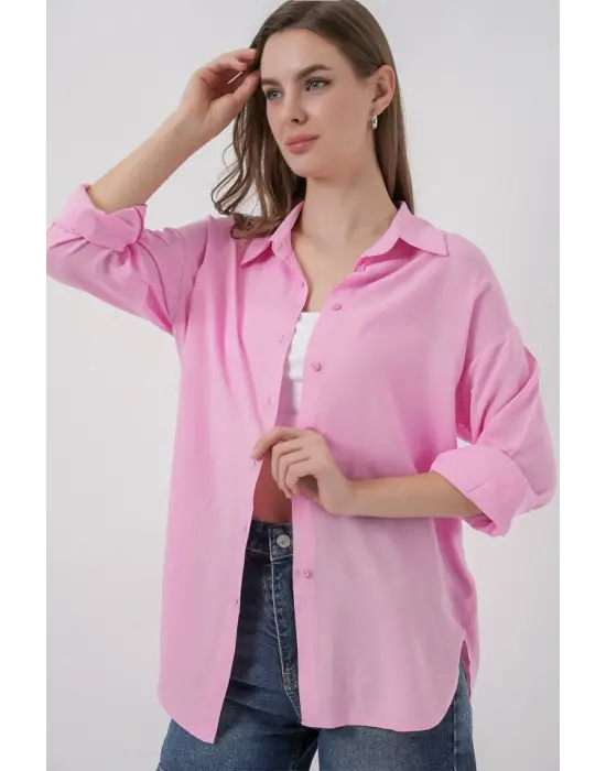 Oversize Viskon Gömlek 3785 - Pembe