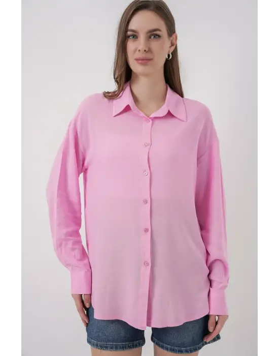 Oversize Viskon Gömlek 3785 - Pembe
