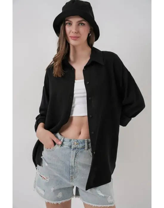 Oversize Viskon Gömlek 3785 - Siyah