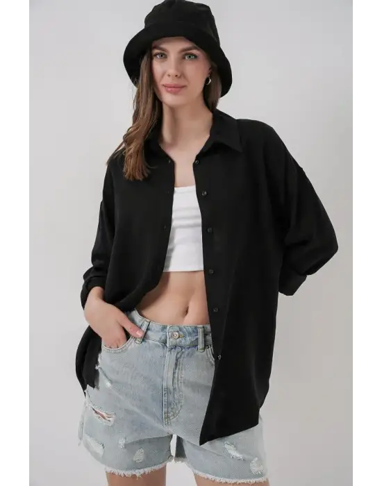 Oversize Viskon Gömlek 3785 - Siyah