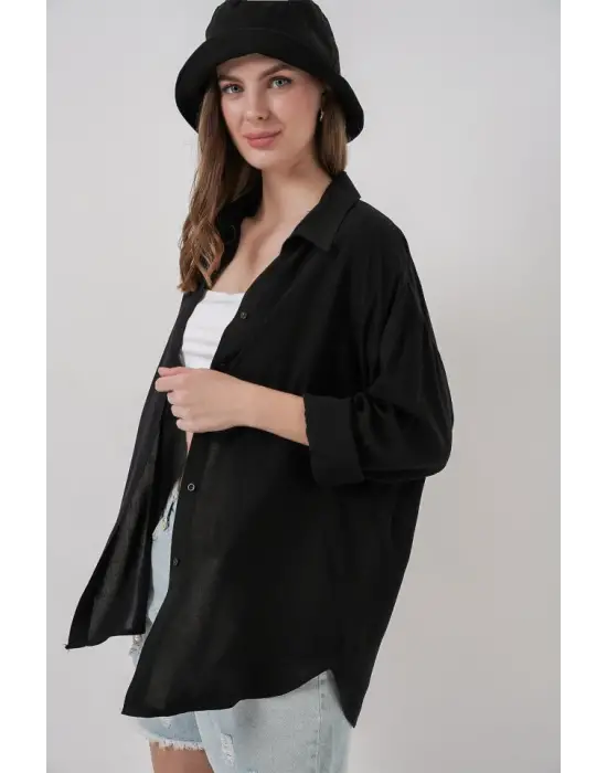 Oversize Viskon Gömlek 3785 - Siyah