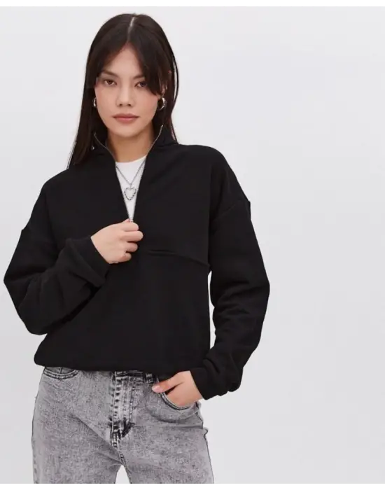 Siyah Oversize Yarım Farmuarlı Sweatshirt