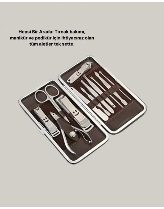 Özel Deri Çantalı 12 Parça Manikür Pedikür Bakım Seti Paslanmaz Çelik