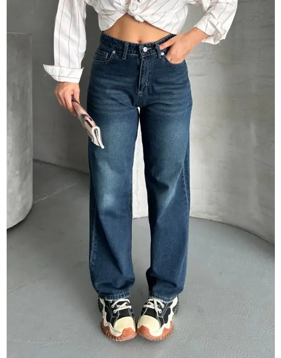 Palazzo bıyık enzim yıkama jeans pantolon koyu mavi d2008