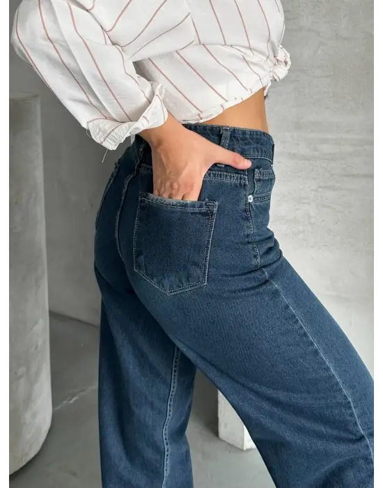 Palazzo bıyık enzim yıkama jeans pantolon koyu mavi d2008