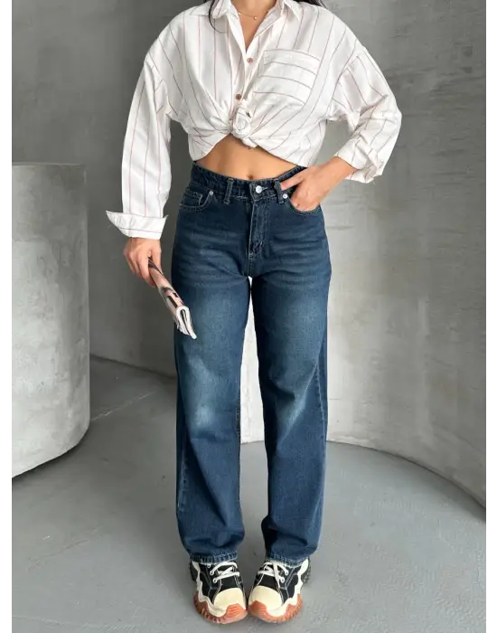 Palazzo bıyık enzim yıkama jeans pantolon koyu mavi d2008