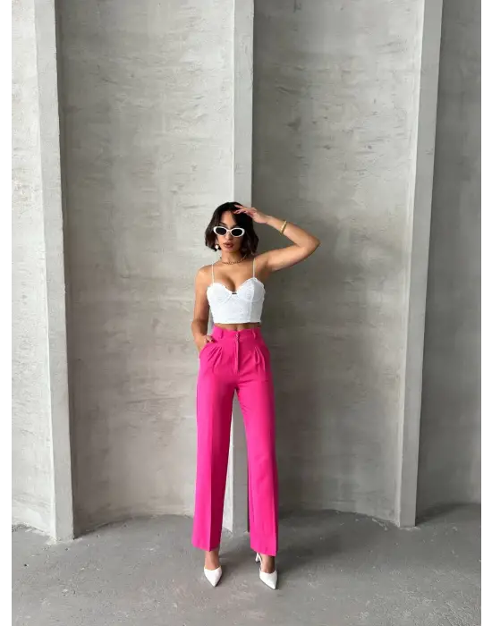 Omarı Kadife Palazzo Fuşya Pantolon