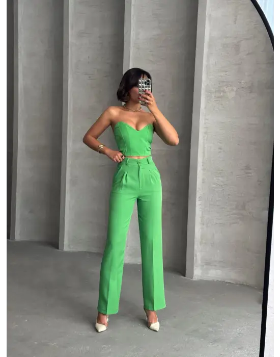 Omarı Yeşil Palazzo Pantolonlu Alt Üst Takım