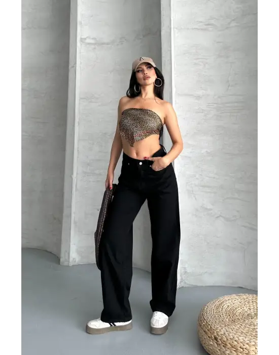 Palazzo straight enzim süper taş yıkama jeans pantolon siyah  