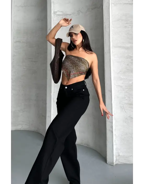 Palazzo straight enzim süper taş yıkama jeans pantolon siyah  