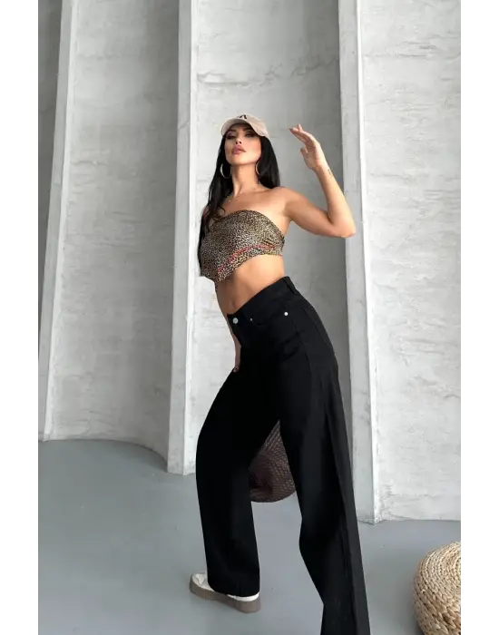 Palazzo straight enzim süper taş yıkama jeans pantolon siyah d2008