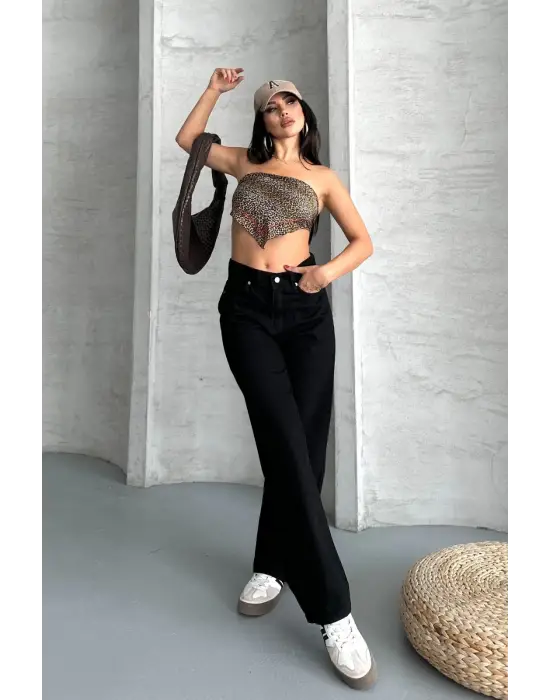 Palazzo straight enzim süper taş yıkama jeans pantolon siyah  